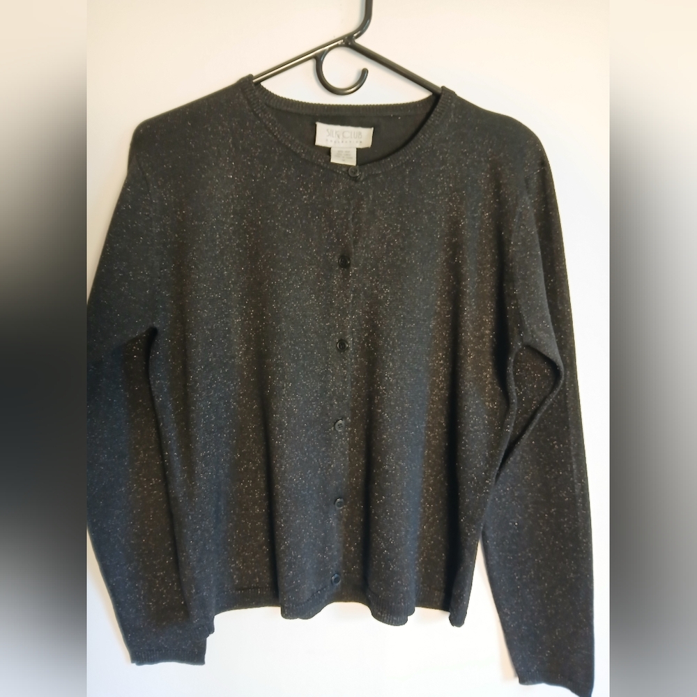 Silk Club Collection Black Silk Knit With Lurex Cardigan SzM